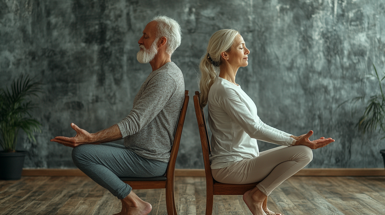 Активні старші люди під час йоги